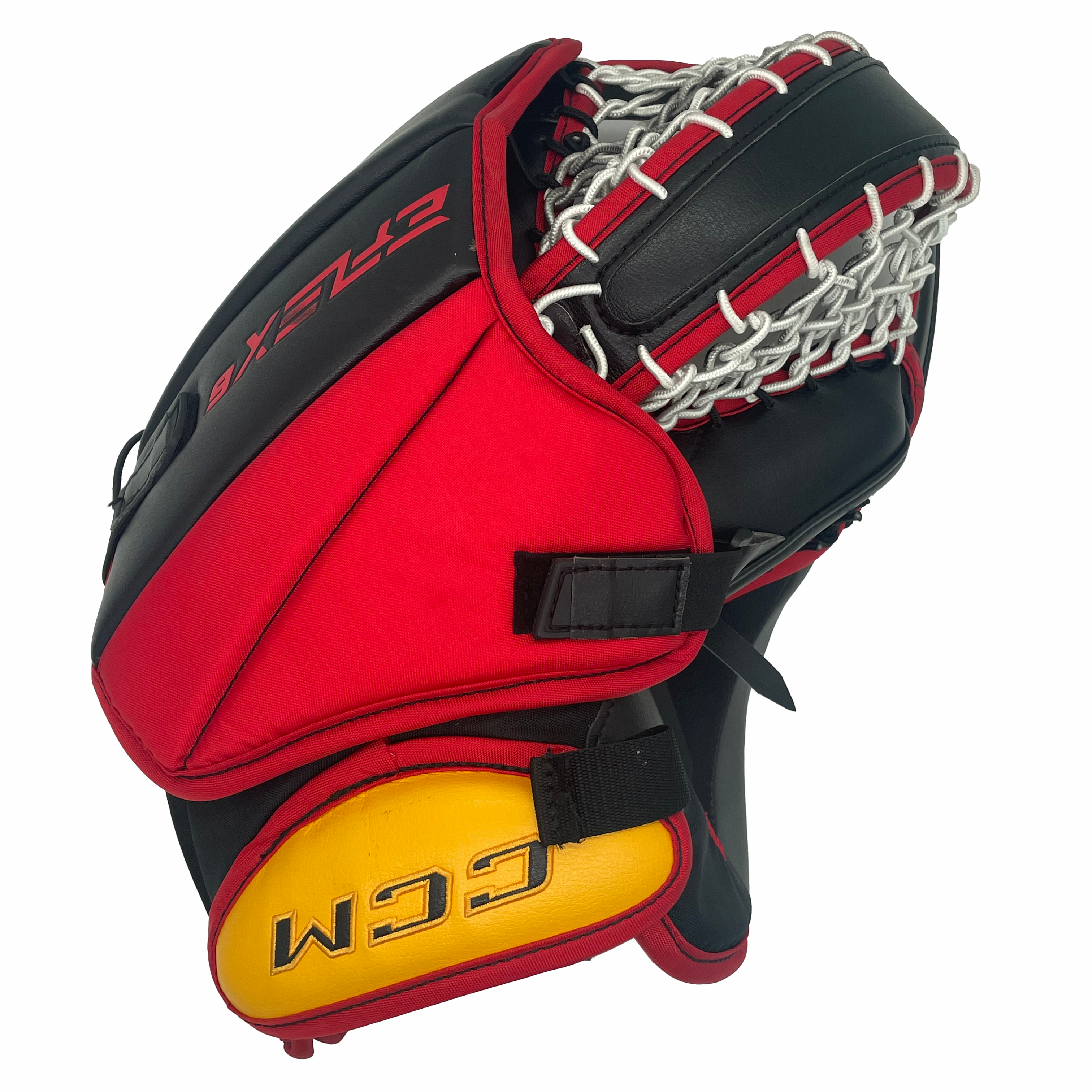 CCM Extreme Flex 6 - Gant de gardien de but AHL Pro Stock d'occasion (noir/jaune/rouge)